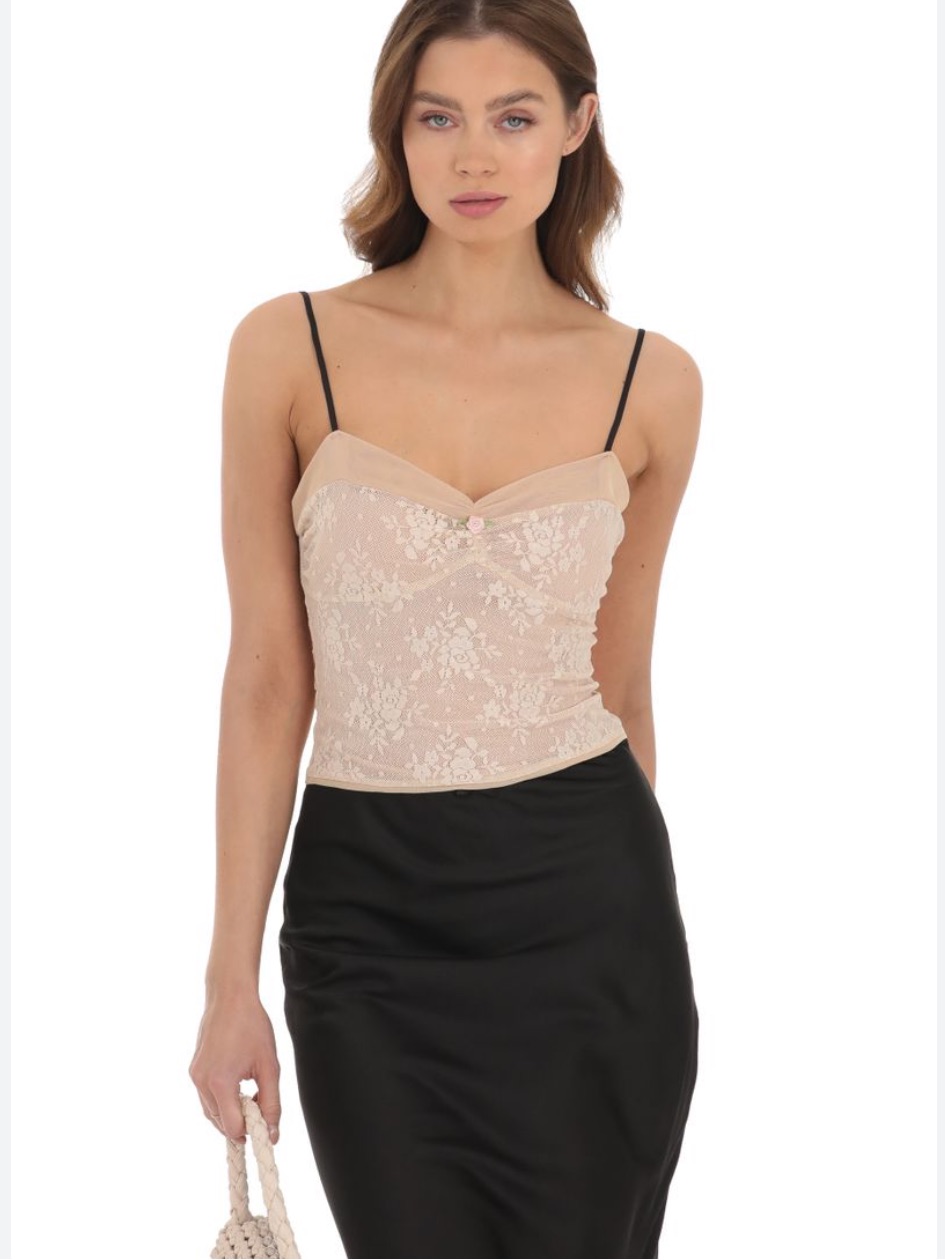 Gab & Kate Mesh Lace Cream And Black Tank Top